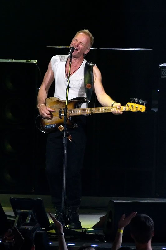 A musician plays guitar and sings into a microphone on stage, with audience members visible in the foreground.