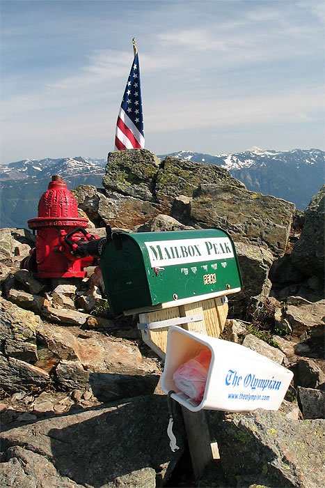 A whimsical post office setup on a mountain ridge with a red hydrant, green mailbox, and American flag.