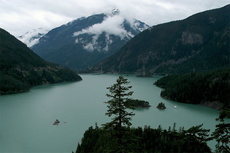 A serene lake nestled between towering, cloud-covered mountains with a solitary tree in the foreground.
