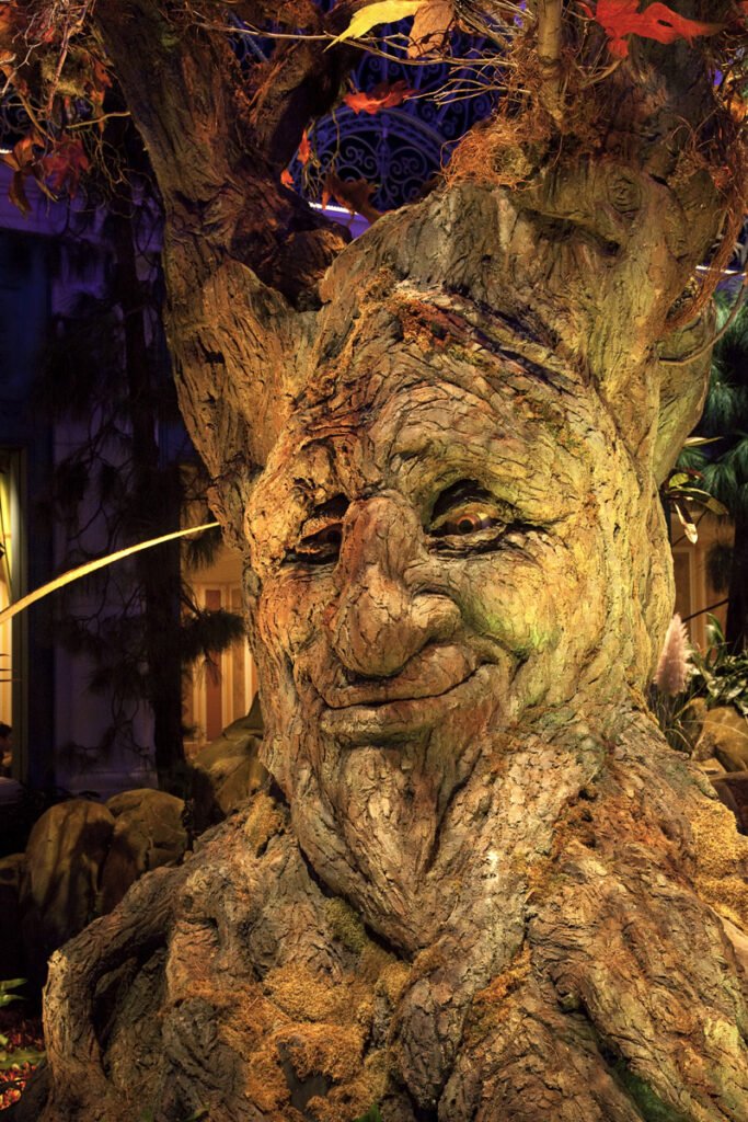 A whimsical tree sculpture with a carved face, surrounded by autumn leaves and colored lights.