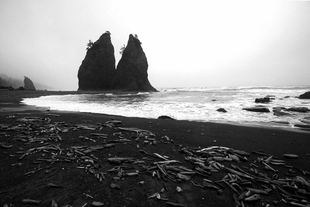 A black-and-white photo of a misty Oregon Coast beach featuring two dramatic sea stacks rising from the dark sand and churning Pacific waves.