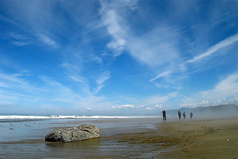 John and Kristie stroll along the Pacific Northwest beach under a clear blue sky.