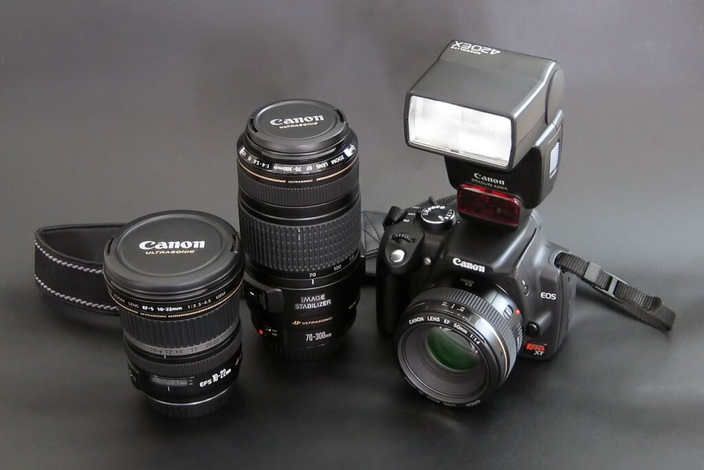 A collection of professional photography equipment including a camera body with a flash unit attached, two Canon lenses, and a camera strap, arranged on a neutral gray background. The setup showcases essential tools for capturing high-quality images.