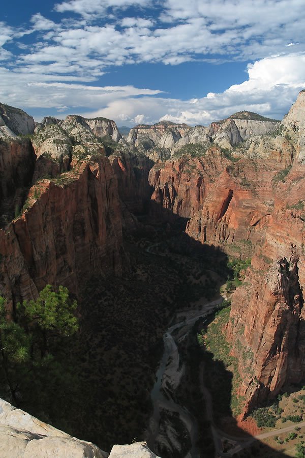 A breathtaking view of a deep red rock canyon with a winding river below, under a partly cloudy blue sky.