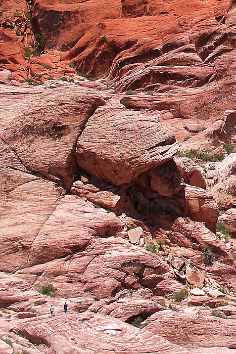 A detailed view of rugged red rock formations with small green shrubs, featuring two tiny figures for scale.