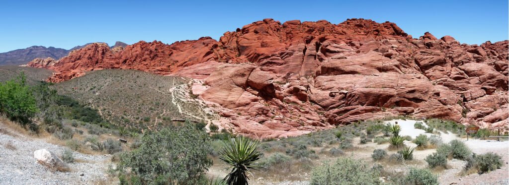 A scenic view of red rock formations with sparse desert vegetation, showcasing the rugged beauty of the landscape under a clear blue sky.