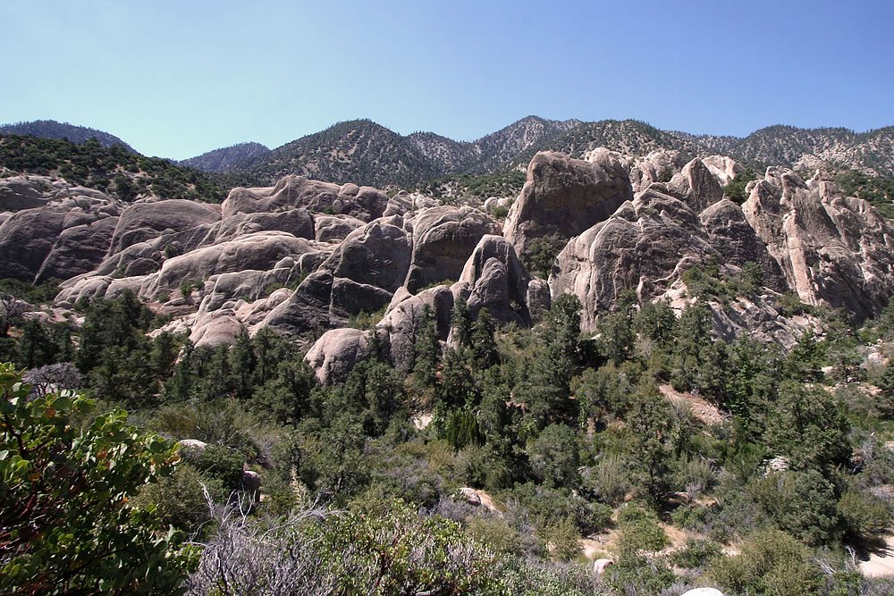 A panoramic view of jagged mountain peaks and lush forests under a clear blue sky.