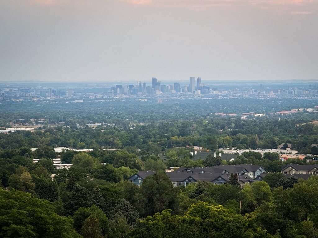 The Seattle skyline is visible in the distance, framed by a foreground of dense, green trees and a few houses nestled among the foliage.