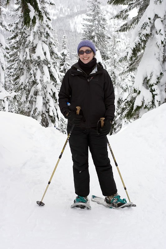 A person skiing on a snowy path surrounded by snow-covered pine trees in a winter landscape.