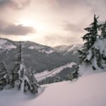 PLAY! A picturesque view of a snow-covered mountain valley with tall evergreen trees in the foreground and a winding river below.
