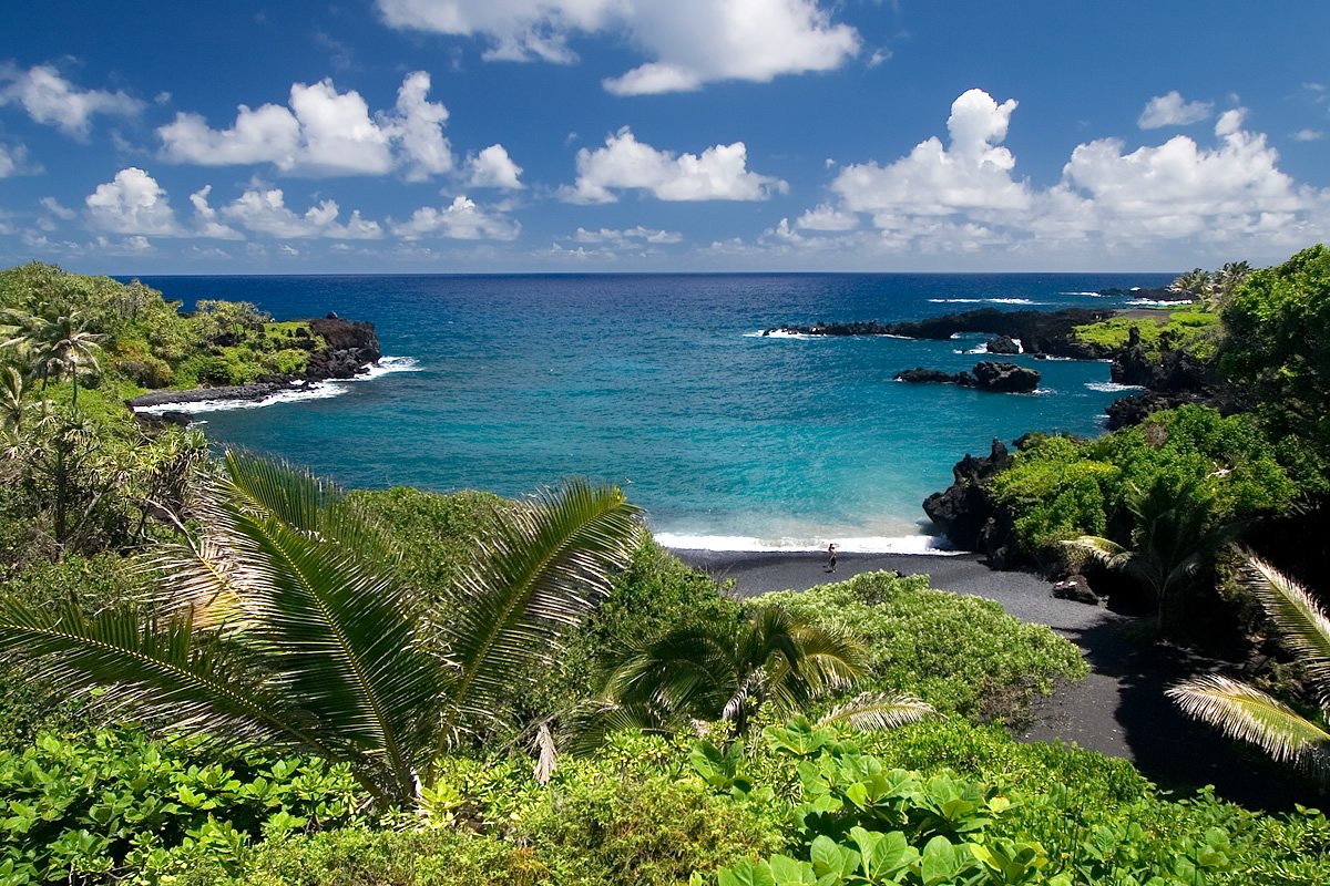 Honokalani Black Sand Beach A breathtaking view of a tropical paradise with lush greenery, palm trees, and a pristine black sand beach. The turquoise waters of the Pacific Ocean stretch out under a bright blue sky dotted with fluffy white clouds.