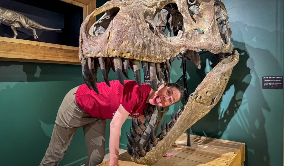 A woman in a red shirt and beige pants leans playfully against a large T-Rex skull exhibit inside a museum. The background features green walls with shadowed dinosaur silhouettes and a mounted velociraptor model behind glass.