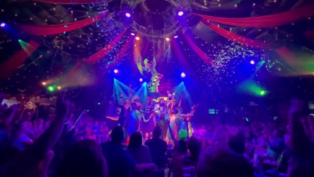 A performer on a swing lit by purple and red stage lights in front of a cheering crowd.