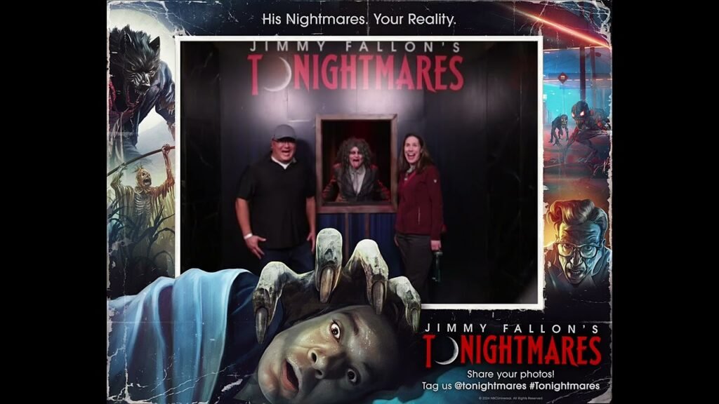 A promotional photo booth setup for Jimmy Fallon's TONIGHTMARES featuring horror-themed graphics.