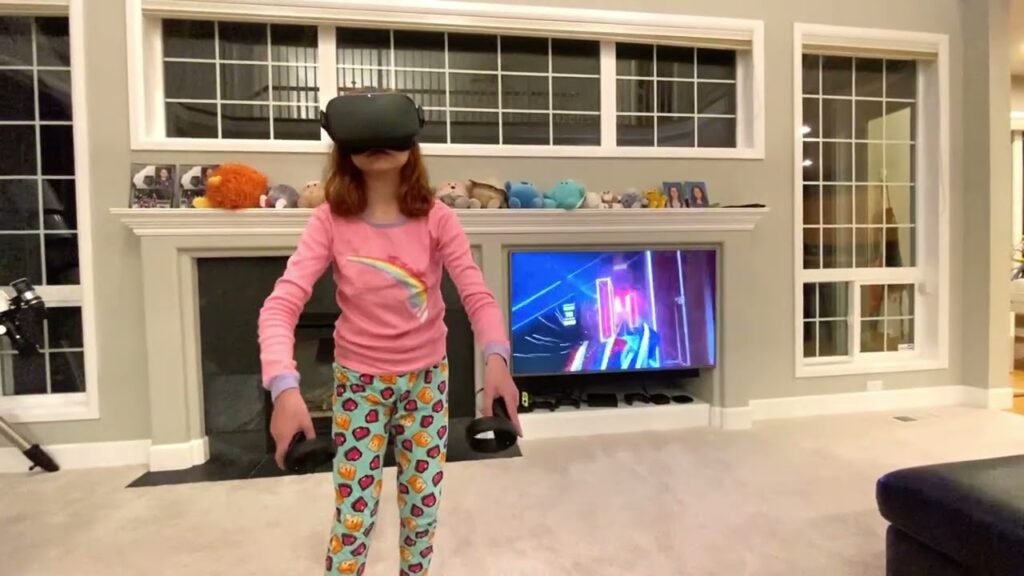A young player wearing a VR headset and holding controllers in a cozy living room, surrounded by family-friendly decor and a glowing screen.