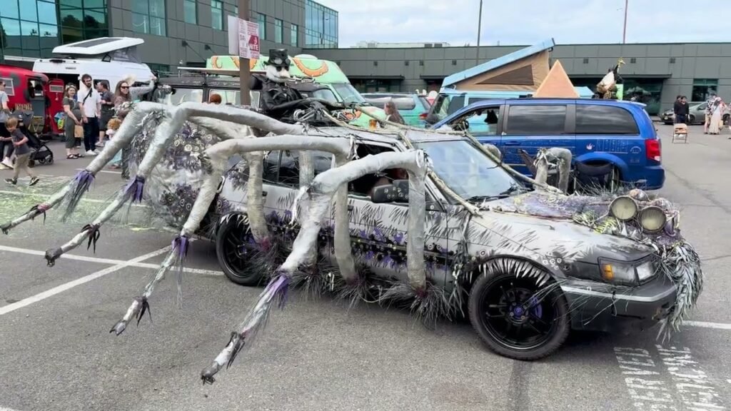 A unique car modified with spider-like legs displayed at a Pacific Northwest arts festival. This themed vehicle stands out in a busy outdoor parking area near a convention center.