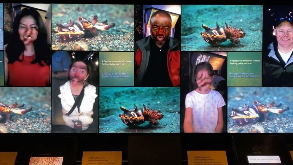 A series of photos displayed on a wall show sea turtles swimming underwater. The images include close-up shots of a turtle's shell and face, as well as portraits of children smiling at the camera.