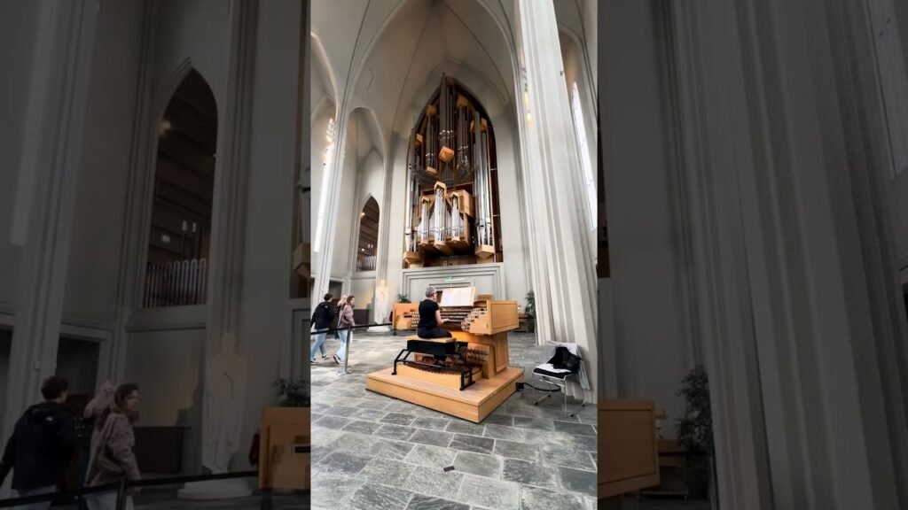 Visitor viewpoint from a side aisle looking toward the pipe organ in a cathedral.