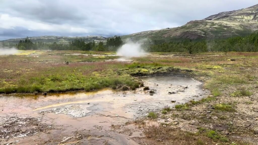 A vast geothermal field featuring steam vents and rugged terrain with distant hills under a cloudy sky.