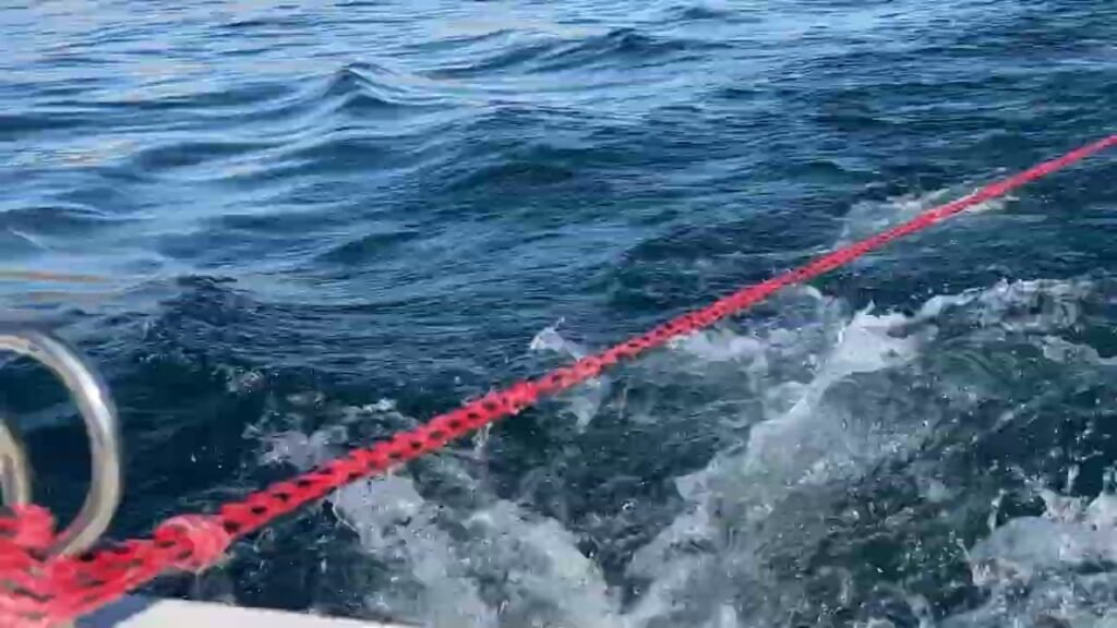 A red rope and metal ring are visible on the edge of a moving boat, with foamy water and deep blue waves in the background near the Pacific Northwest coast.