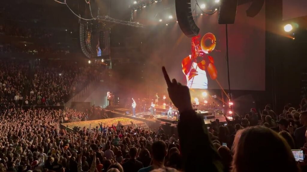 A crowded indoor concert scene viewed from the audience. A person in the foreground raises a hand toward the brightly lit stage.