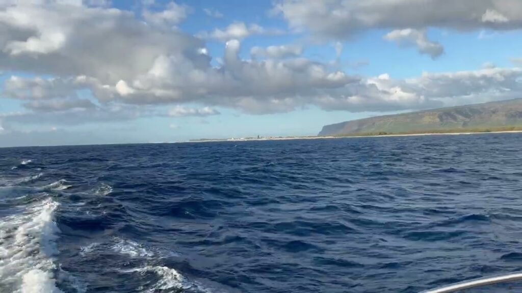 Scenic capture of ocean waves and a distant rocky coastline under a partly cloudy sky.