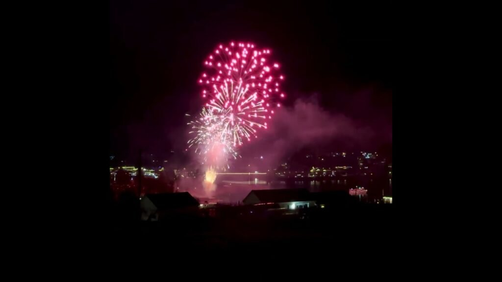 Fireworks exploding in a dark night sky over a city skyline.
