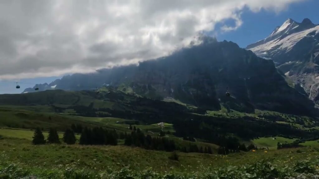 A scenic view of snow-capped mountains and green meadows under a partly cloudy sky.