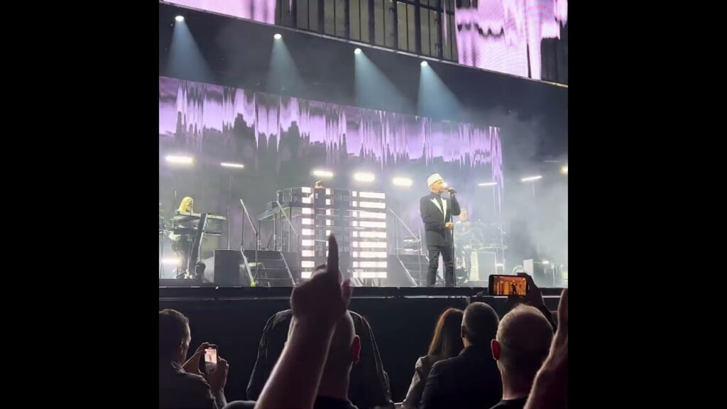 Live concert view of a performer from the audience's perspective with a large screen and bright stage lights in the background.