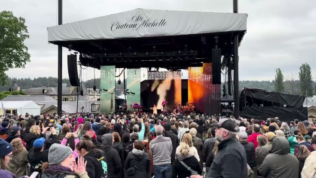 A large crowd gathers before a stage at an outdoor concert, with a bright screen displaying live performances.