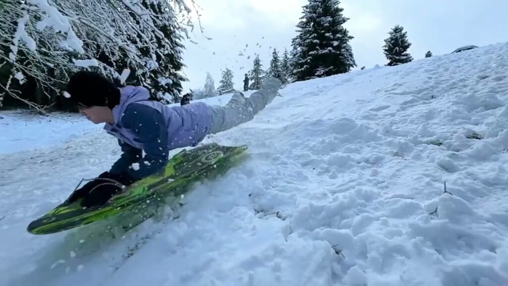 A person snowboarding on a snowy hill with trees in the background.