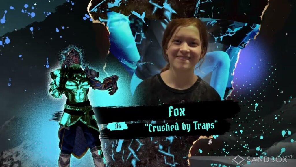 Player victory screen in the virtual reality game SandboxVR with text identifying the character.