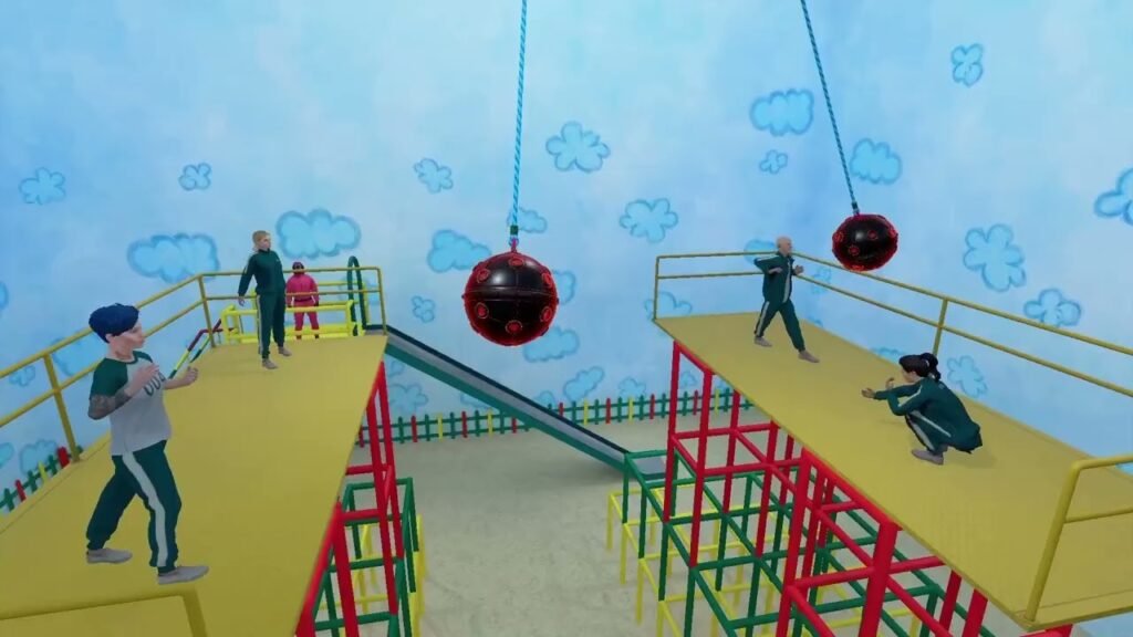 Kids having fun on yellow trampoline platforms with red obstacle courses at an indoor bounce park. Hanging red ball obstacles add to the playful challenge.