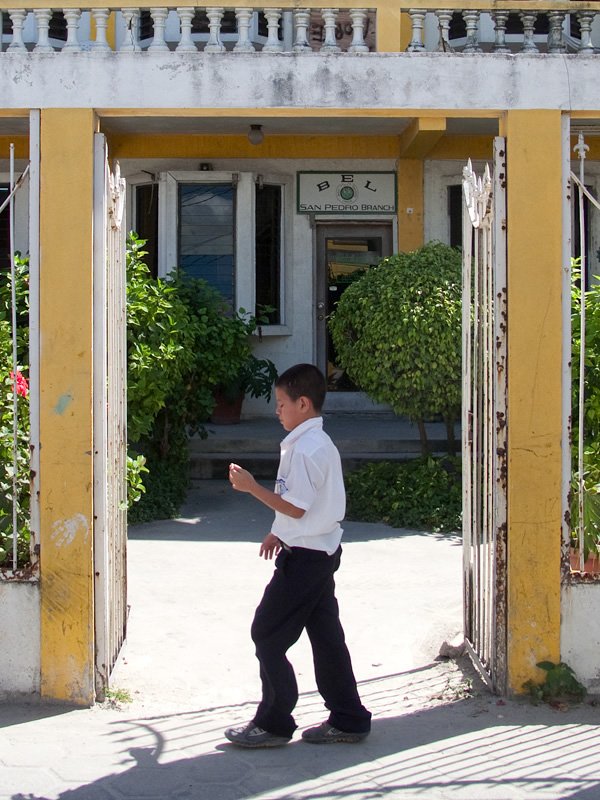 A young boy in a white shirt and dark pants walks between yellow pillars into a lush courtyard. He appears to be engaged in an activity, perhaps training or playing.