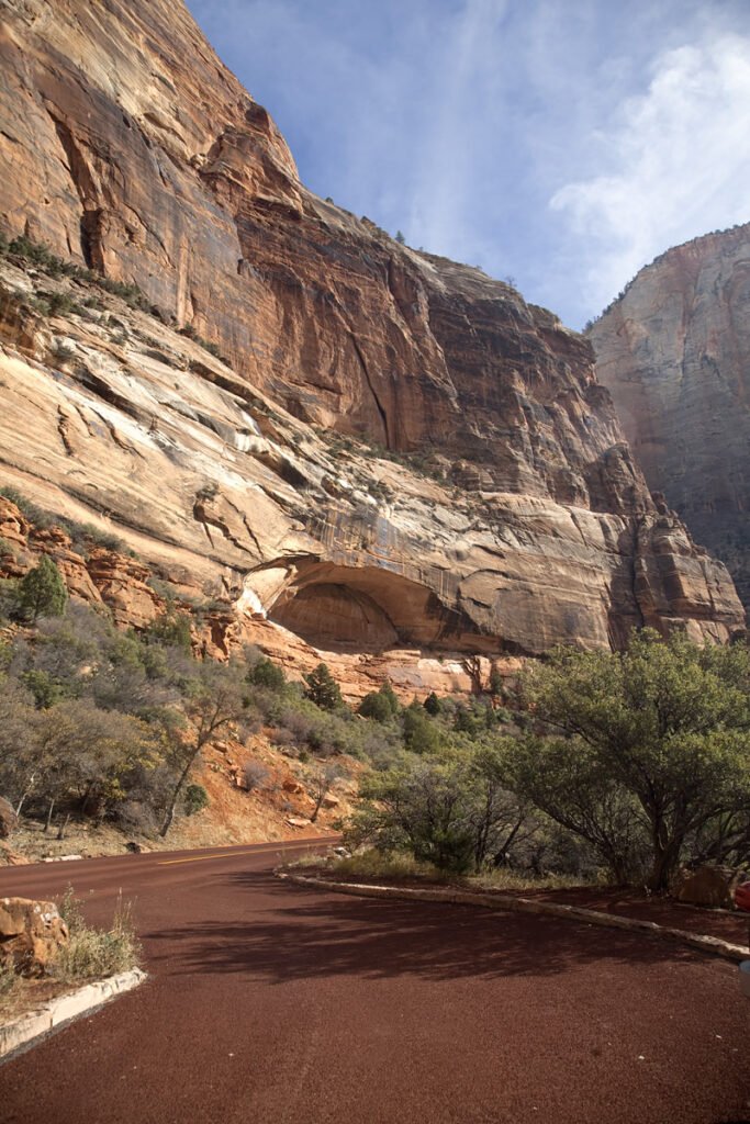 A scenic view of a winding path in Zion National Park surrounded by massive red rock cliffs and lush trees.